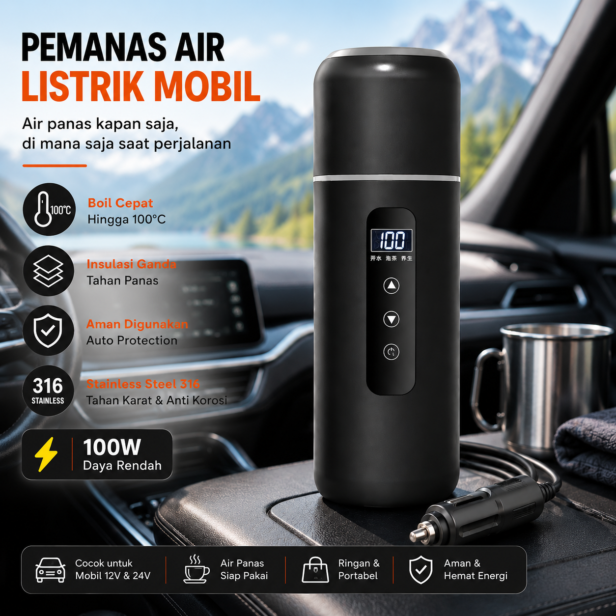 Gambar produk Yannice Termos Pemanas Air Listrik Mobil Portable Water Heater 500ml - R1B - Utama