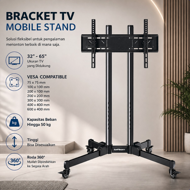 Taffware Bracket TV Floor Stand Wheel VESA 600x400 for 32-65 Inch TV - 1501 Gambar produk Taffware Bracket TV Floor Stand Wheel VESA 600x400 for 32-65 Inch TV - 1501 - Utama