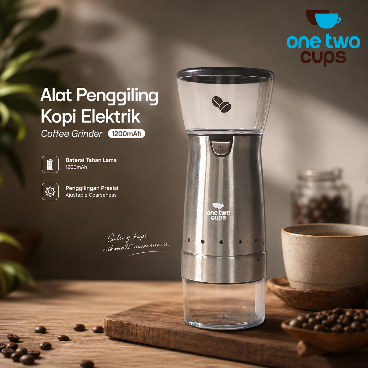 One Two Cups Alat Penggiling Kopi Elektrik Coffee Grinder 1200mAh - CRO-12 Gambar produk One Two Cups Alat Penggiling Kopi Elektrik Coffee Grinder 1200mAh - CRO-12 - Utama