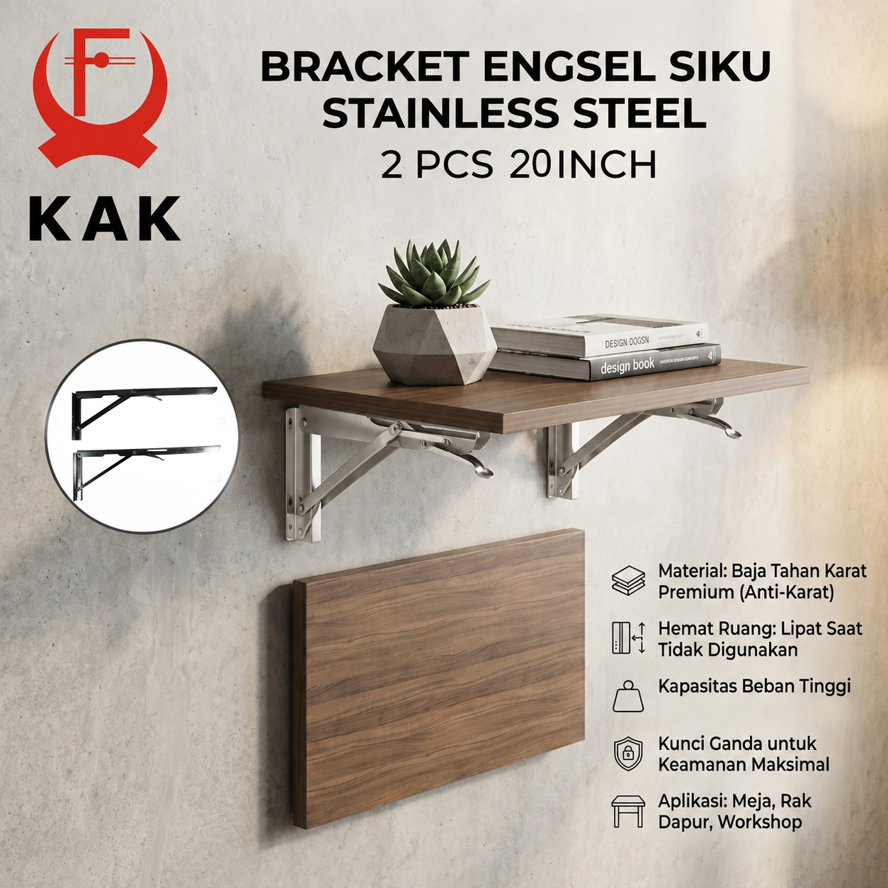 KAK Bracket Engsel Siku Folding Stainless Steel 2 PCS 20 Inch - KAK-6113 Gambar produk KAK Bracket Engsel Siku Folding Stainless Steel 2 PCS 20 Inch - KAK-6113 - Utama