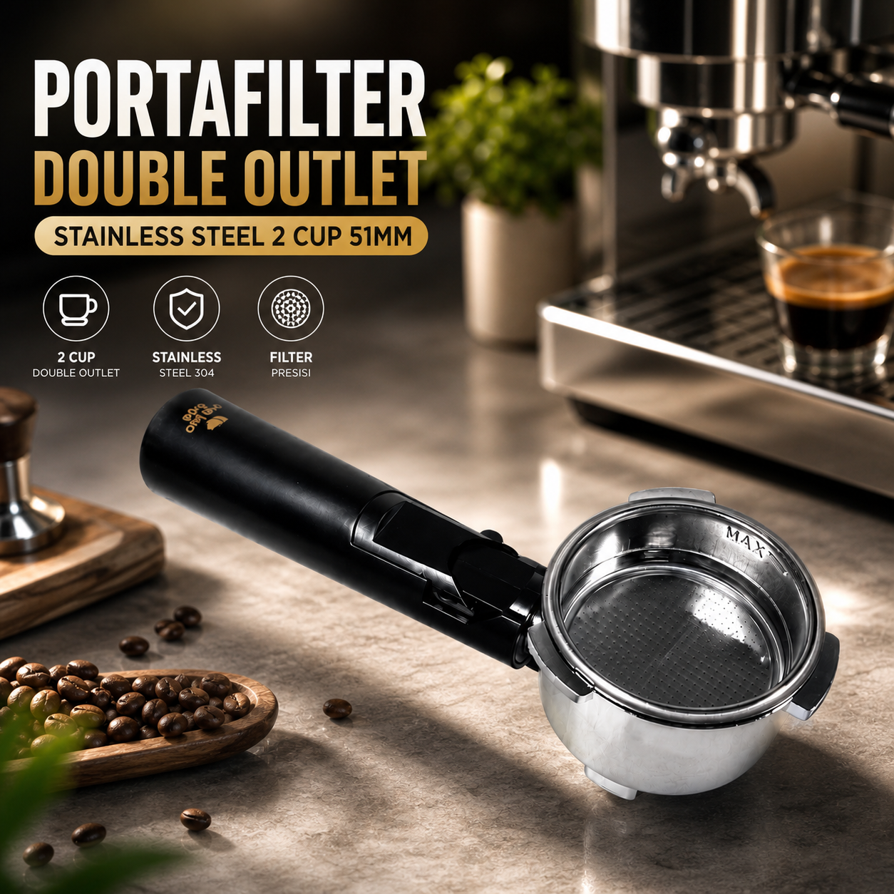 Gambar produk One Two Cups Portafilter Double Outlet Stainless Steel 2 Cup 51mm - EC200 - Utama