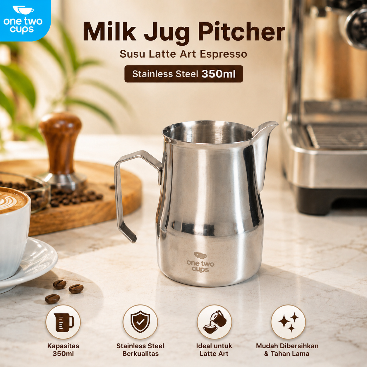 One Two Cups Milk Jug Pitcher Susu Latte Art Espresso Stainless Steel 350ml - AA050 Gambar produk One Two Cups Milk Jug Pitcher Susu Latte Art Espresso Stainless Steel 350ml - AA050 - Utama