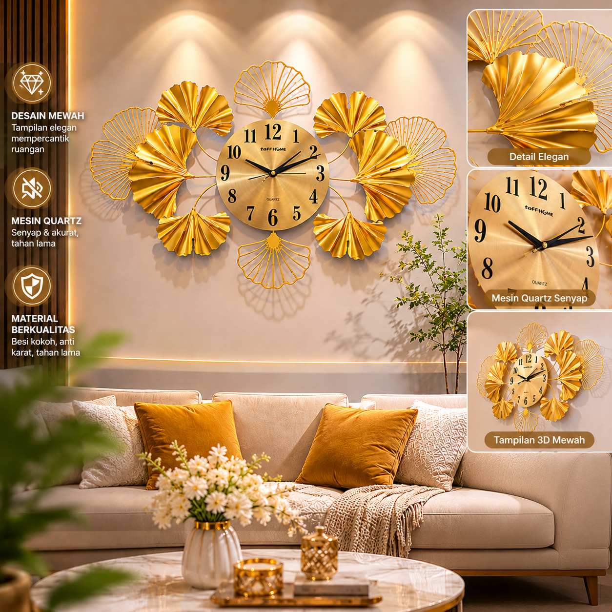 TaffHOME Jam Dinding Quartz Iron Luxury European Style Clock 55.5cm - 29211 Gambar produk TaffHOME Jam Dinding Quartz Iron Luxury European Style Clock 55.5cm - 29211 - 4