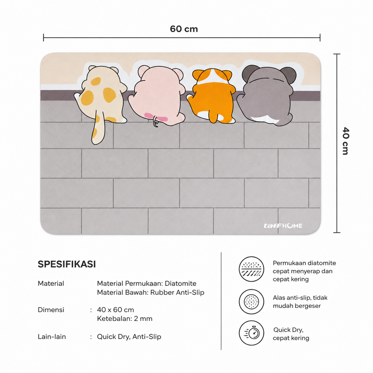 TaffHOME Keset Kamar Mandi Cartoon Anti Slip Diatomite 40x60cm - LA60 Gambar produk TaffHOME Keset Kamar Mandi Cartoon Anti Slip Diatomite 40x60cm - LA60 - 3