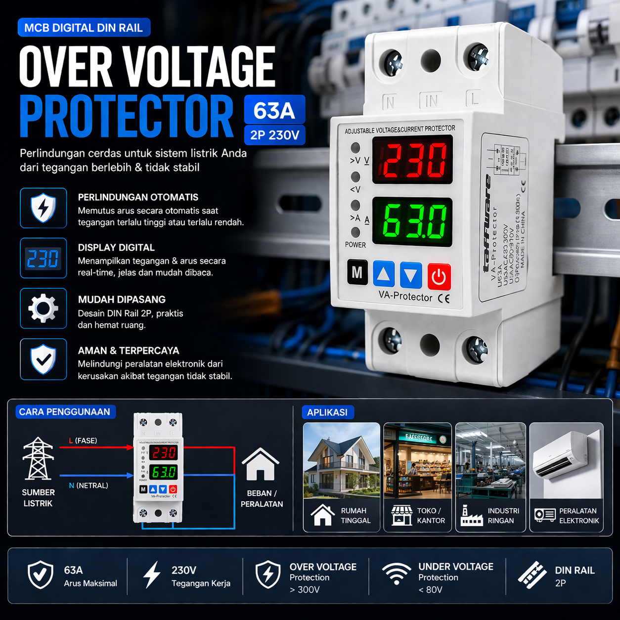 Gambar produk Taffware MCB Digital Din Rail Over Voltage Protector 63A 2P 230V - ZS3-VA - 3