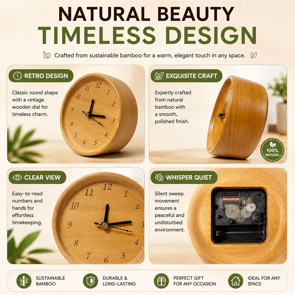 Gambar produk TaffHOME Jam Meja Kayu Bulat Alarm Analog Desk Clock Round Shape - TX605 - 3