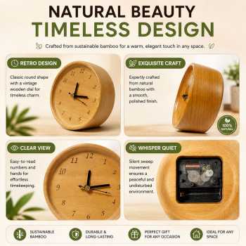 Gambar produk TaffHOME Jam Meja Kayu Bulat Alarm Analog Desk Clock Round Shape - TX605 - 3