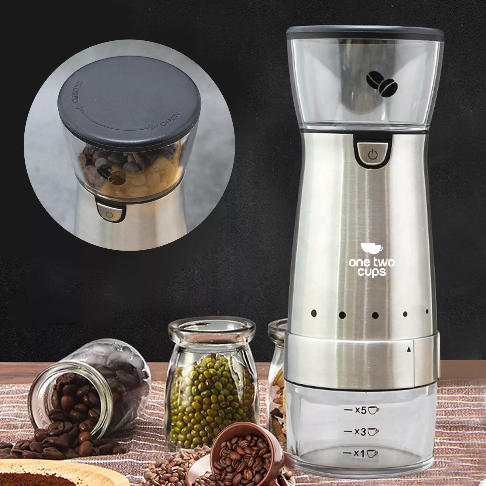 One Two Cups Alat Penggiling Kopi Elektrik Coffee Grinder 1200mAh - CRO-12 Gambar produk One Two Cups Alat Penggiling Kopi Elektrik Coffee Grinder 1200mAh - CRO-12 - 1
