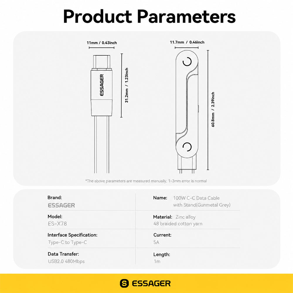 Gambar produk ESSAGER Kabel Data USB Type C to Type C Fast Charging 5A 100W 1M - ES-X78 - 8