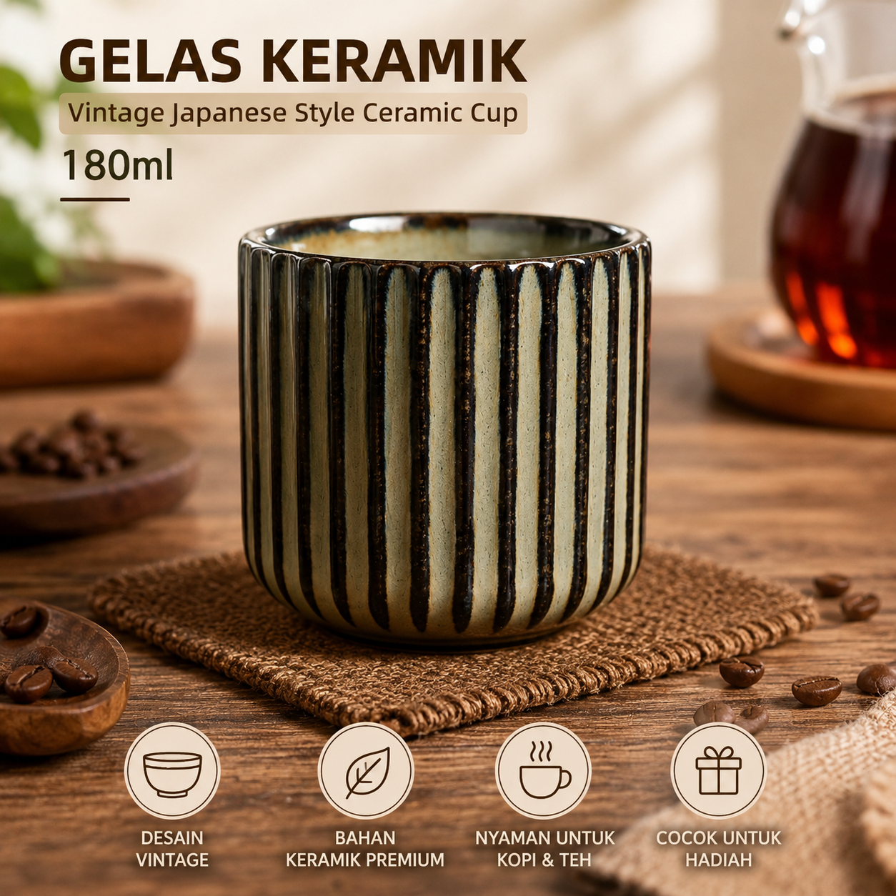 Gambar produk One Two Cups Gelas Keramik Kopi Teh Vintage Japanese Style Ceramic Cup 180ml - GS145 - Utama