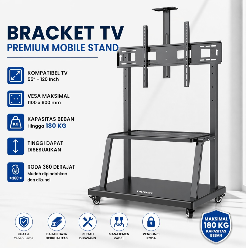 Taffware Bracket TV Floor Stand Wheel VESA 1100x600 for 55-120 Inch TV - 2100 Gambar produk Taffware Bracket TV Floor Stand Wheel VESA 1100x600 for 55-120 Inch TV - 2100 - Utama