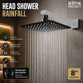 Gambar produk BATHE PROJECT Kepala Head Shower Rainfall Stainless Steel Square 8Inch - 201