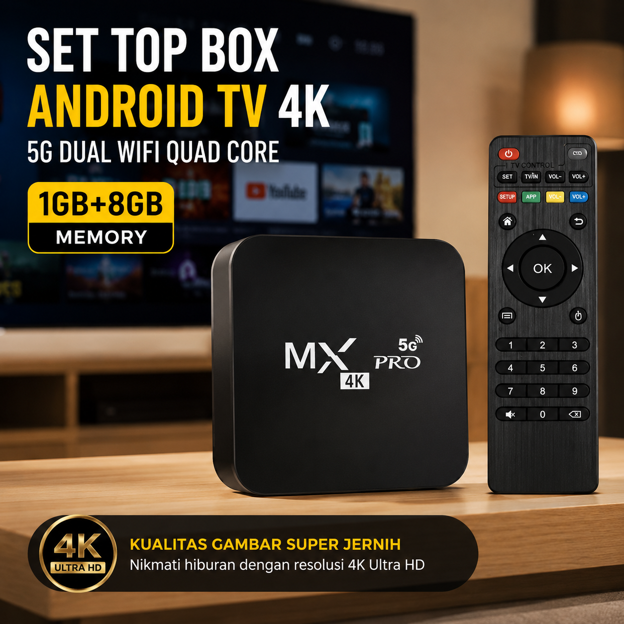 MX-PRO Set Top Box Android TV 4K 5G Dual WiFi Quad Core 1GB 8GB - X90 Gambar produk MX-PRO Set Top Box Android TV 4K 5G Dual WiFi Quad Core 1GB 8GB - X90 - Utama