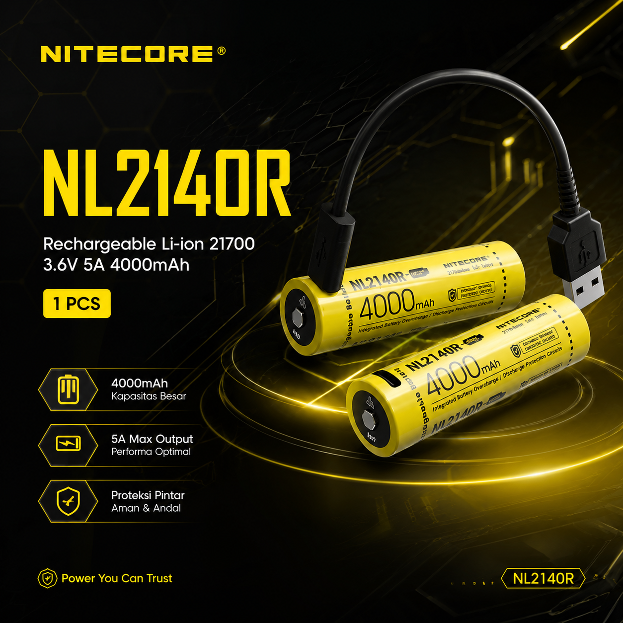 NITECORE Baterai Rechargeable Li-ion 21700 3.6V 5A 4000mAh 1 PCS - NL2140R Gambar produk NITECORE Baterai Rechargeable Li-ion 21700 3.6V 5A 4000mAh 1 PCS - NL2140R - Utama