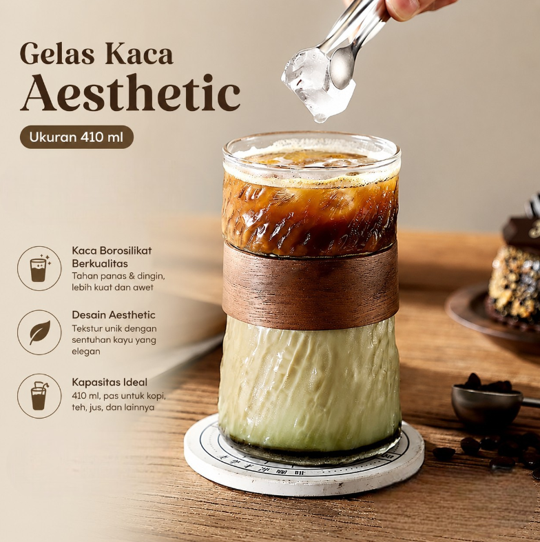 One Two Cups Gelas Kaca Aesthetic Kopi Teh with Bamboo Ring 410ml - P-410 Gambar produk One Two Cups Gelas Kaca Aesthetic Kopi Teh with Bamboo Ring 410ml - P-410 - Utama