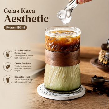 One Two Cups Gelas Kaca Aesthetic Kopi Teh with Bamboo Ring 410ml - P-410