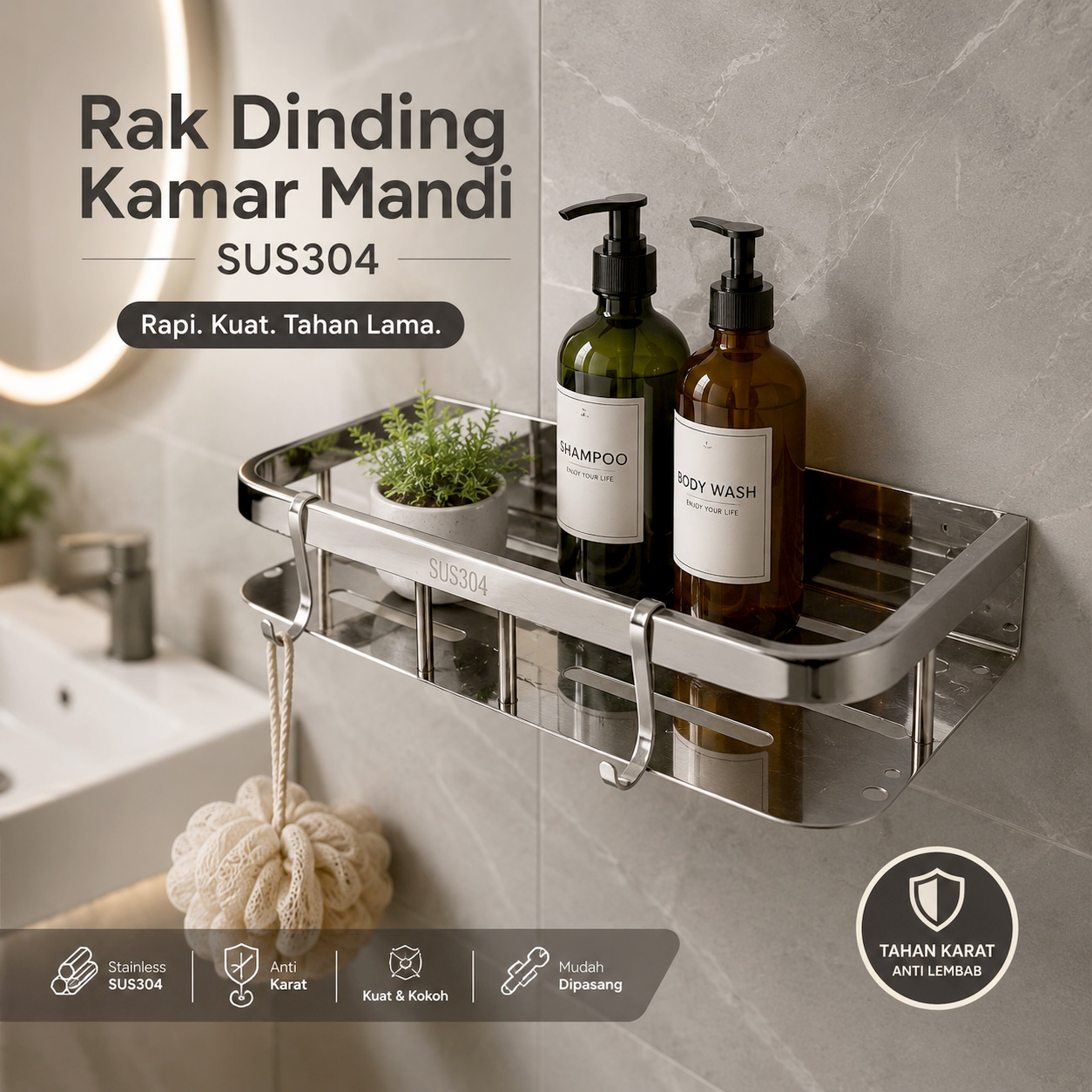 CANRY Rak Dinding Kamar Mandi Organizer Rack Stainless Steel SUS304 - C30 Gambar produk CANRY Rak Dinding Kamar Mandi Organizer Rack Stainless Steel SUS304 - C30 - Utama