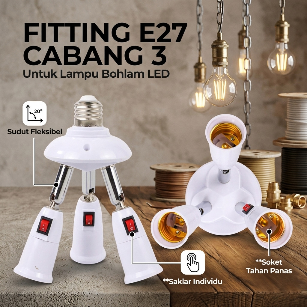 TaffLED Fitting Lampu Bohlam Studio LED Cabang 3 with Switch 220V E27 - HU-300 Gambar produk TaffLED Fitting Lampu Bohlam Studio LED Cabang 3 with Switch 220V E27 - HU-300 - Utama