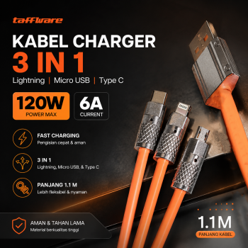 Taffware Kabel Charger 3in1 Lightning Micro USB Type C 120W 6A 1.1M - D8