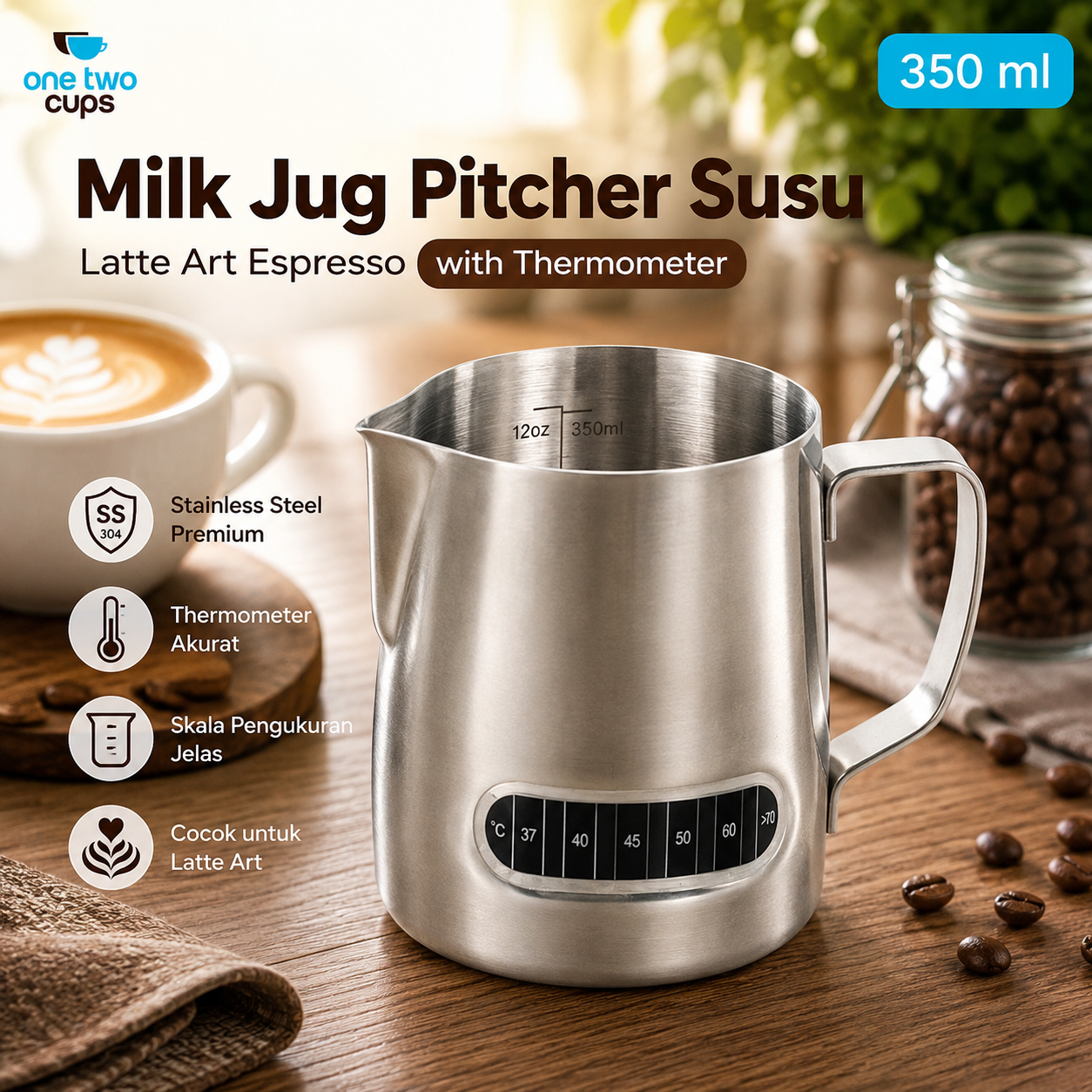 One Two Cups Milk Jug Pitcher Susu Latte Art Espresso Stainless 350ml - L-2016 Gambar produk One Two Cups Milk Jug Pitcher Susu Latte Art Espresso Stainless 350ml - L-2016 - Utama