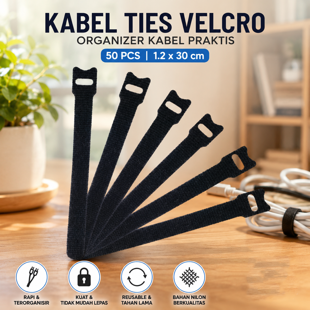 Taffware Kabel Ties Nilon Velcro Reusable Organizer 50 PCS 1.2x30cm - INU165 Gambar produk Taffware Kabel Ties Nilon Velcro Reusable Organizer 50 PCS 1.2x30cm - INU165 - Utama