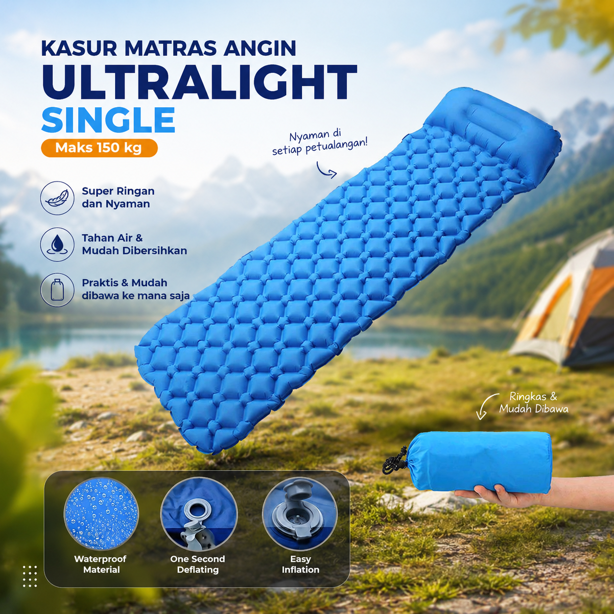 TaffSPORT Kasur Matras Angin Manual Sleeping Pad Waterproof Single - SB-10 Gambar produk TaffSPORT Kasur Matras Angin Manual Sleeping Pad Waterproof Single - SB-10 - Utama