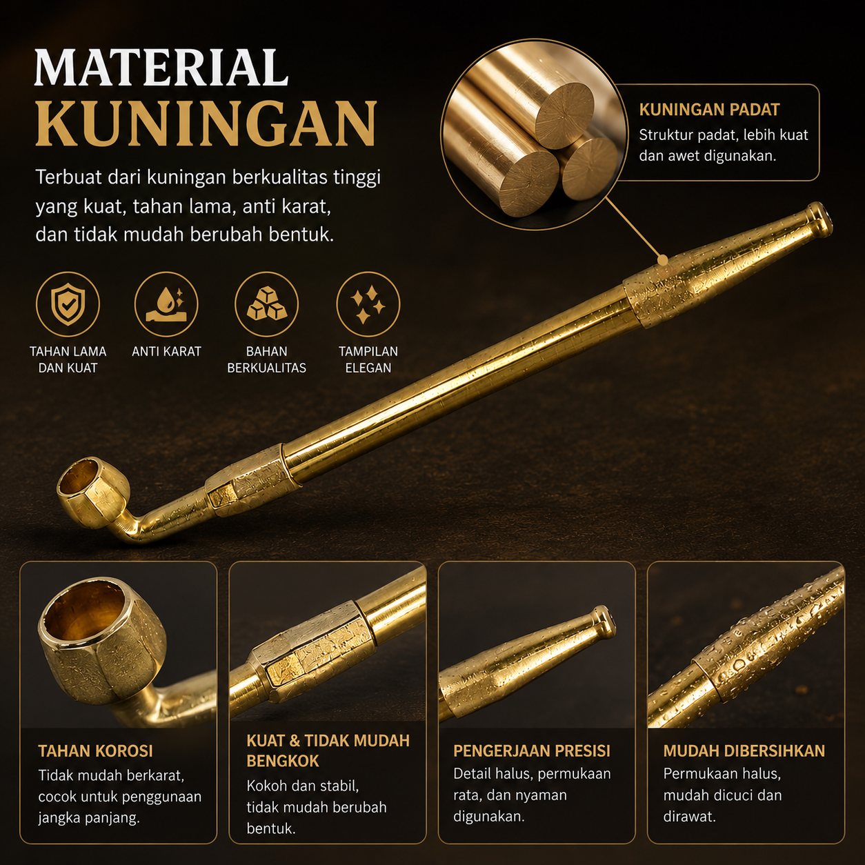 HINRYO Pipa Rokok Tembakau Kuningan Brass Smoking Pipe - TB2 Gambar produk HINRYO Pipa Rokok Tembakau Kuningan Brass Smoking Pipe - TB2 - 2