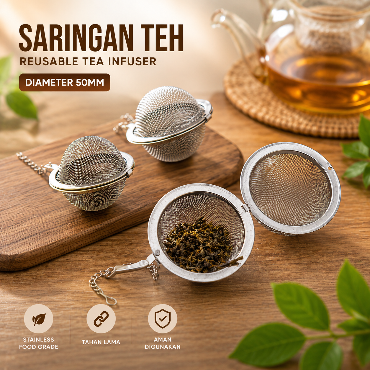 One Two Cups Saringan Teh Reusable Tea Filter Infuser Strainer 50mm - K520 Gambar produk One Two Cups Saringan Teh Reusable Tea Filter Infuser Strainer 50mm - K520 - Utama