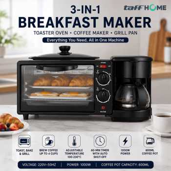 Gambar produk TaffHOME 3in1 Breakfast Maker Toaster Oven Listrik Mesin Kopi 1000W - JH-801