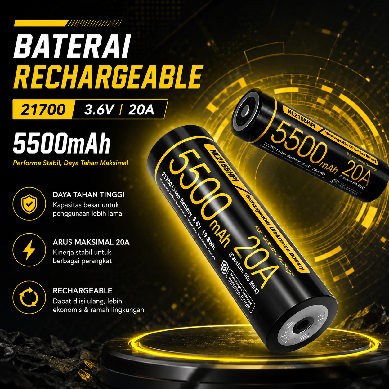 NITECORE Baterai Rechargeable 21700 3.6V 20A 5500mAh 1 PCS - NL2155HPi Gambar produk NITECORE Baterai Rechargeable 21700 3.6V 20A 5500mAh 1 PCS - NL2155HPi - Utama