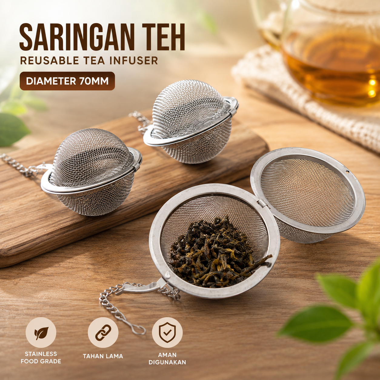Gambar produk One Two Cups Saringan Teh Reusable Tea Filter Infuser Strainer 70mm - K520 - Utama