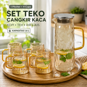 Wloks Set Teko Cangkir Kaca Kopi Teh 1 Pitcher 4 Cups Heat Proof 1.6L - WL16