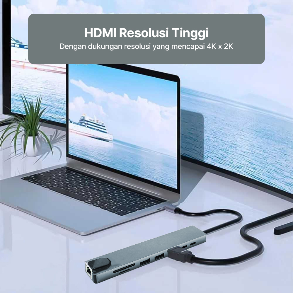 Gambar produk AMMTO USB Hub Type C 3.0 Adapter 8in1 USB RJ45 HDMI SD TF USB Type C - K1 - 2
