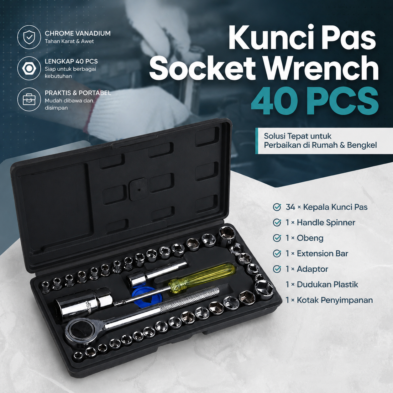 Aiwa Kunci Pas Combination Socket Wrench Set 1/4 Ratchet 40 PCS - DB2020 Gambar produk Aiwa Kunci Pas Combination Socket Wrench Set 1/4 Ratchet 40 PCS - DB2020 - Utama