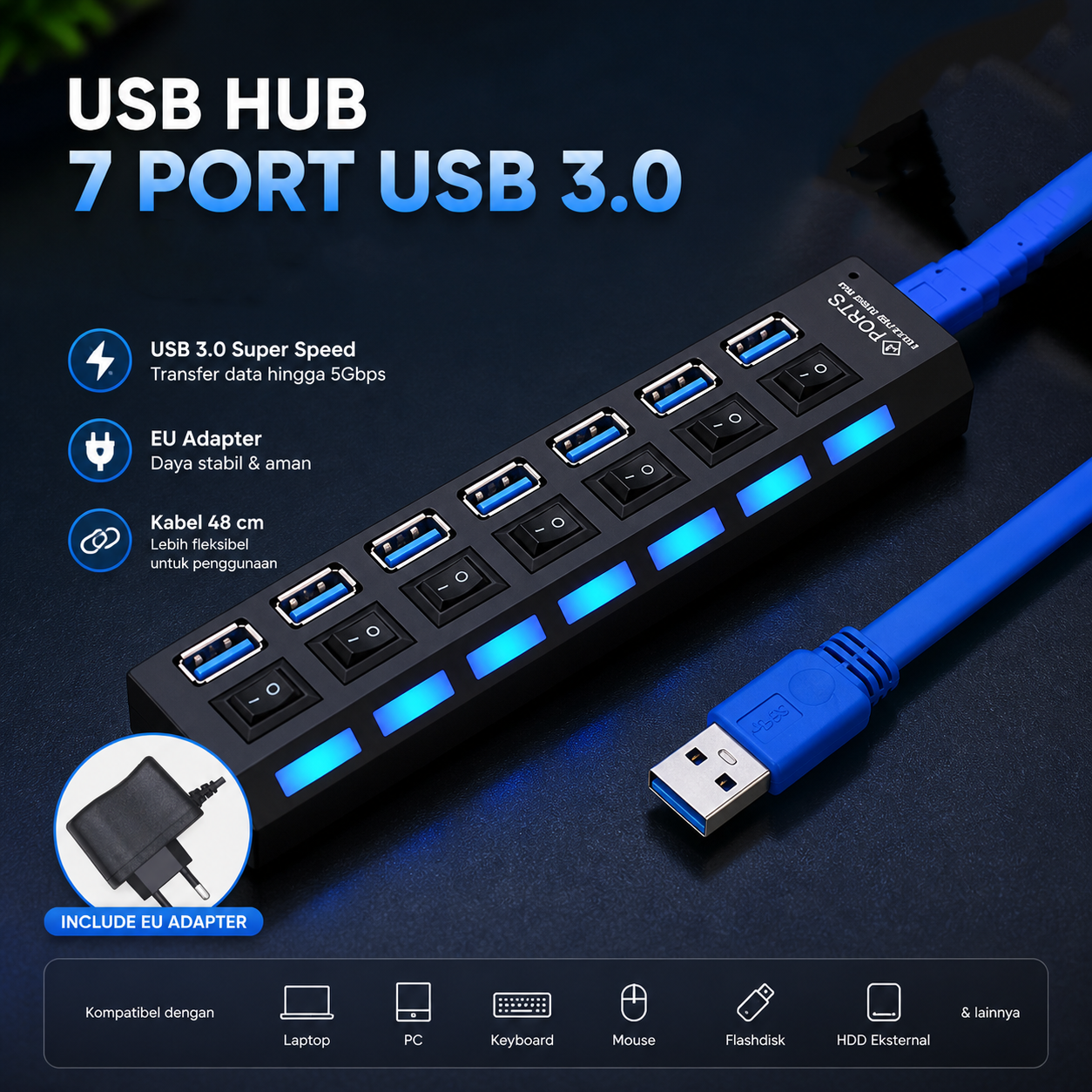 Gambar produk YUANRURU USB Type A Hub 7 Port USB 3.0 High Speed Extender - Y445 - Utama
