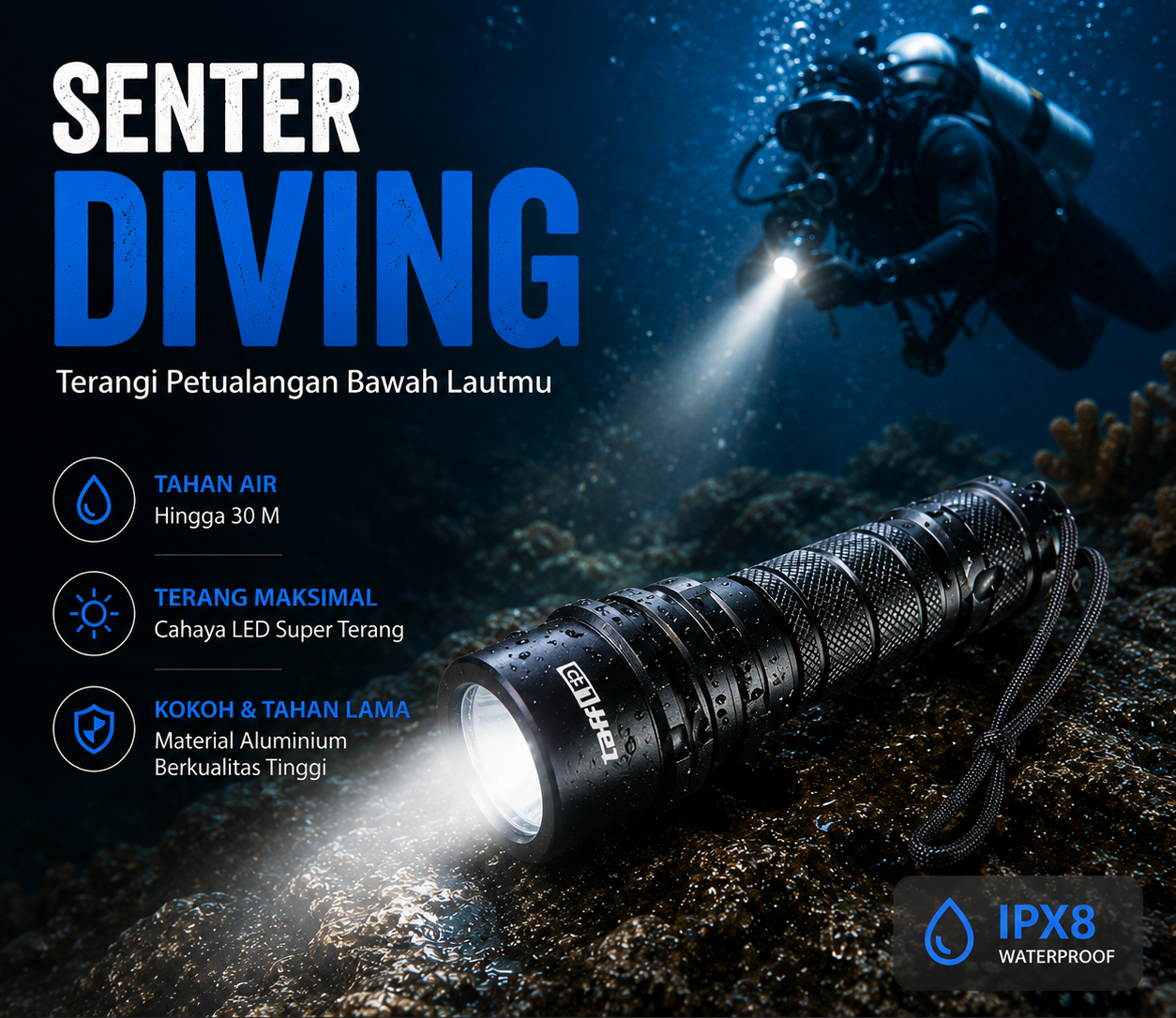 TaffLED Senter LED Diving Flashlight Waterproof 30M L2 1200 Lumens - G300 Gambar produk TaffLED Senter LED Diving Flashlight Waterproof 30M L2 1200 Lumens - G300 - Utama