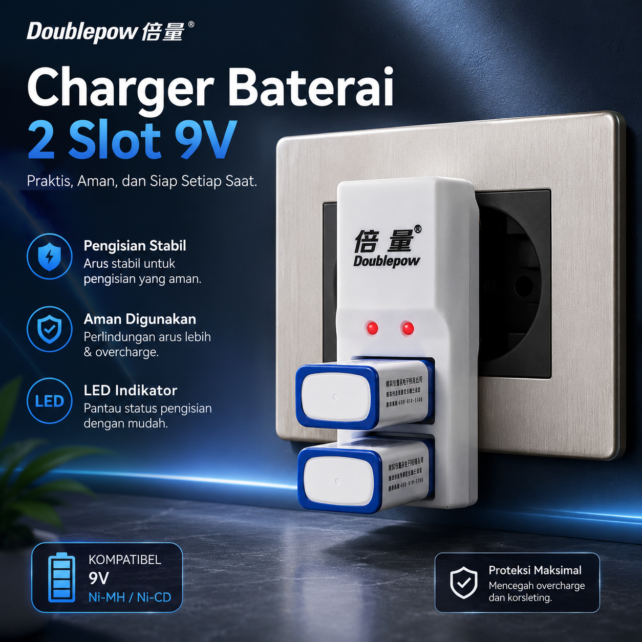 Doublepow Charger Baterai 2 Slot 9V Ni-MH with LED - DP-B09 Gambar produk Doublepow Charger Baterai 2 Slot 9V Ni-MH with LED - DP-B09 - Utama