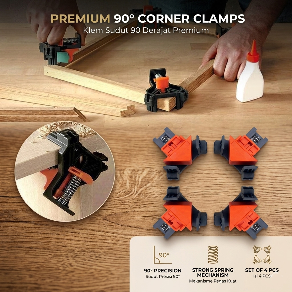 VAHIGCY Corner Clamp Clip Penjepit Sudut Kayu 90 Derajat 4 PCS - AT8809 Gambar produk VAHIGCY Corner Clamp Clip Penjepit Sudut Kayu 90 Derajat 4 PCS - AT8809 - Utama