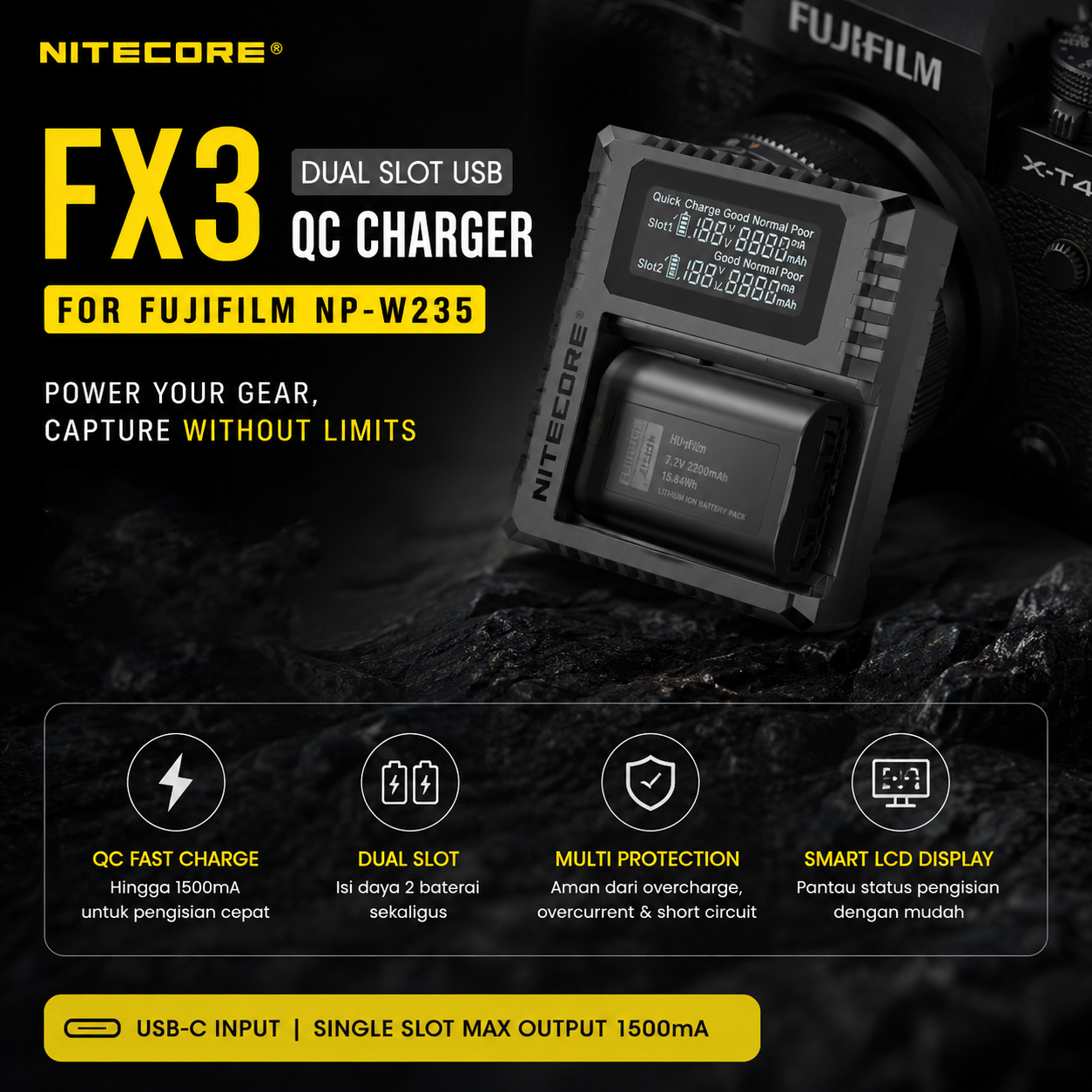 NITECORE Charger Baterai 2 Slot Fujifilm NP-W235 QC Digital Display - FX3 Gambar produk NITECORE Charger Baterai 2 Slot Fujifilm NP-W235 QC Digital Display - FX3 - Utama