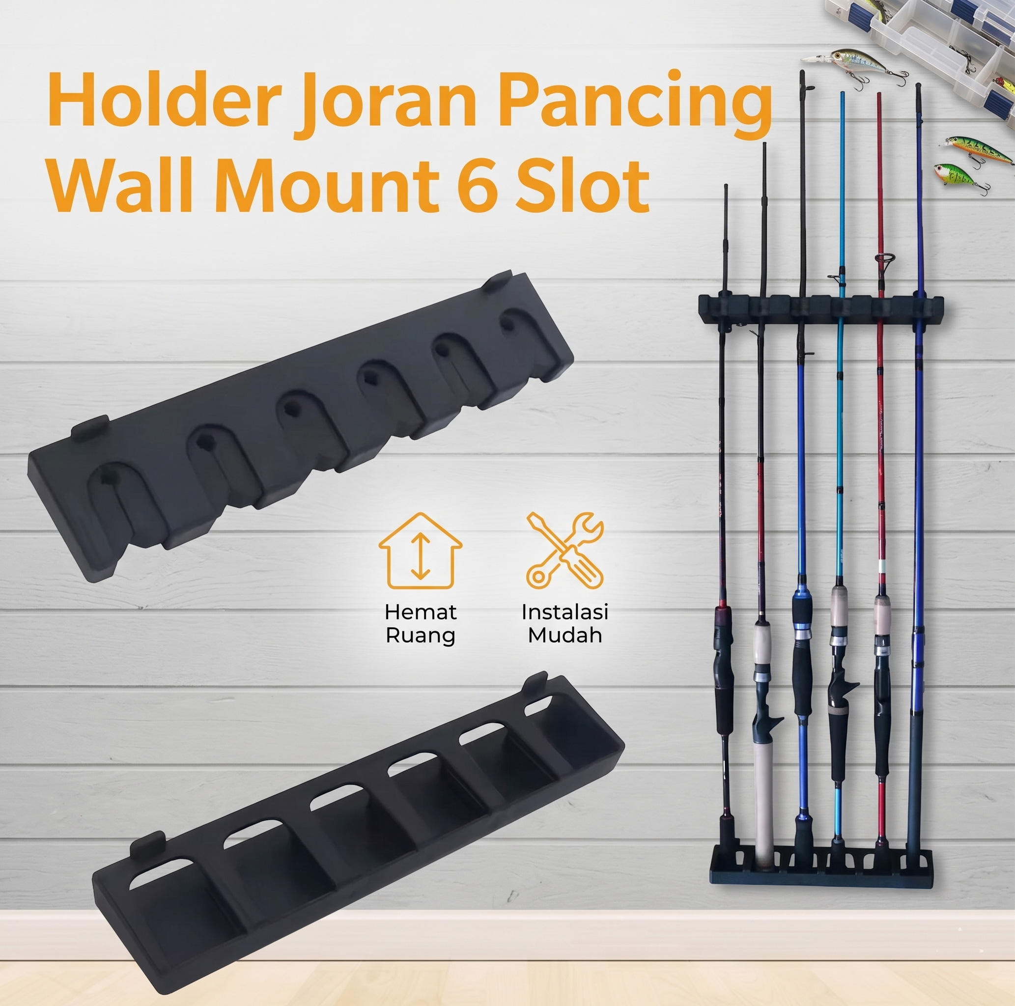TaffSPORT Rak Holder Joran Pancing Wall Mount Fishing Rod 6 Slot - R5 Gambar produk TaffSPORT Rak Holder Joran Pancing Wall Mount Fishing Rod 6 Slot - R5 - Utama