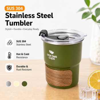One Two Cups Gelas Tumbler Kopi Cup Lid Wood Cover Stainless 300ml - BC140