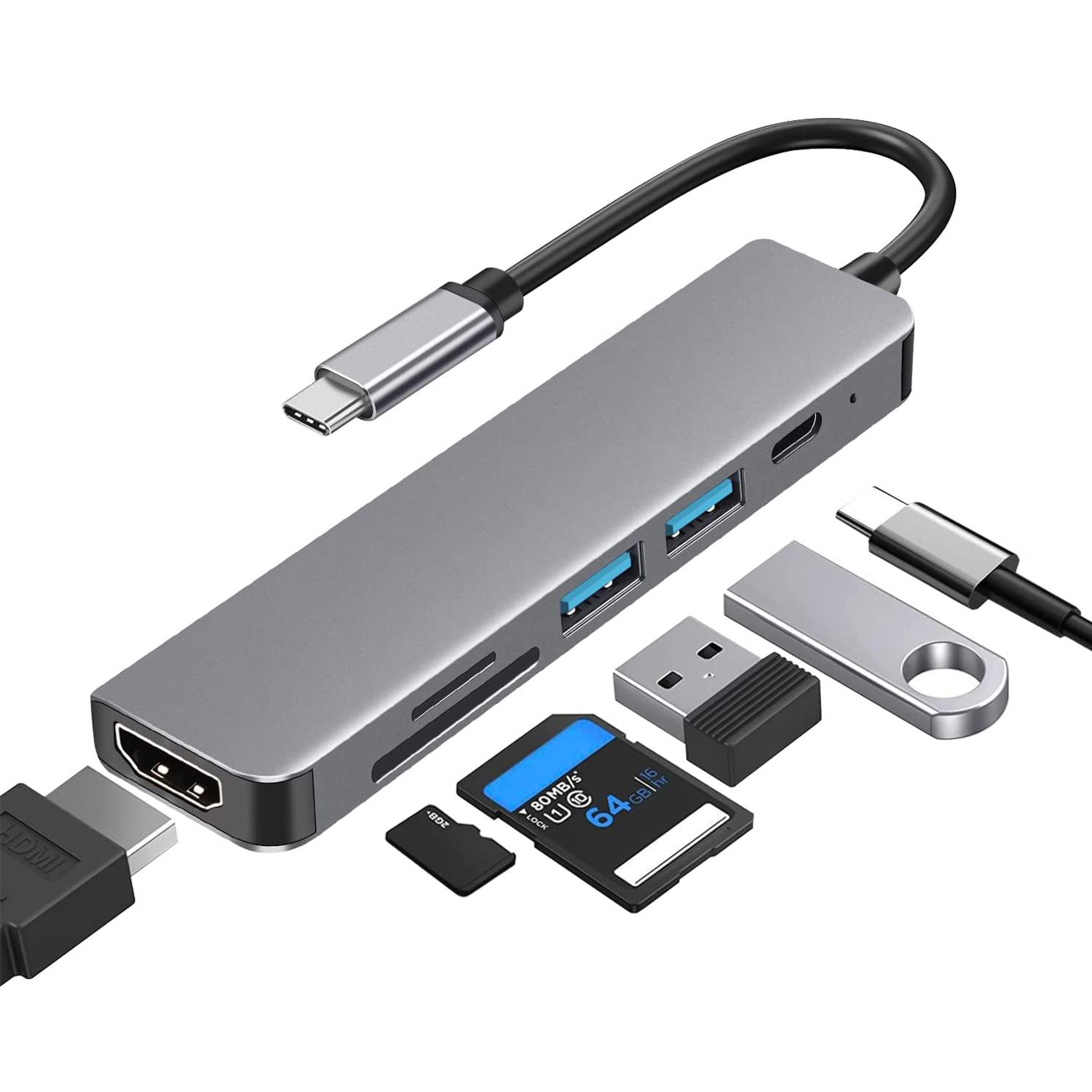 BAKEEY USB Hub Type C 3.0 6in1 USB 2.0 USB 3.0 SD Micro SD HDMI PD QC - BK6 Gambar produk BAKEEY USB Hub Type C 3.0 6in1 USB 2.0 USB 3.0 SD Micro SD HDMI PD QC - BK6 - 1