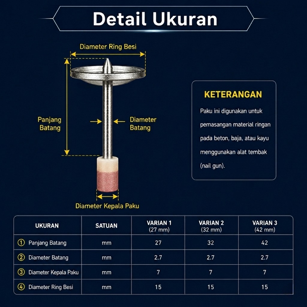Taffware Paku Tembak Beton Ramset Drive Pin Concrete Fastener 32mm - YQ-100 Gambar produk Taffware Paku Tembak Beton Ramset Drive Pin Concrete Fastener 32mm - YQ-100 - 7
