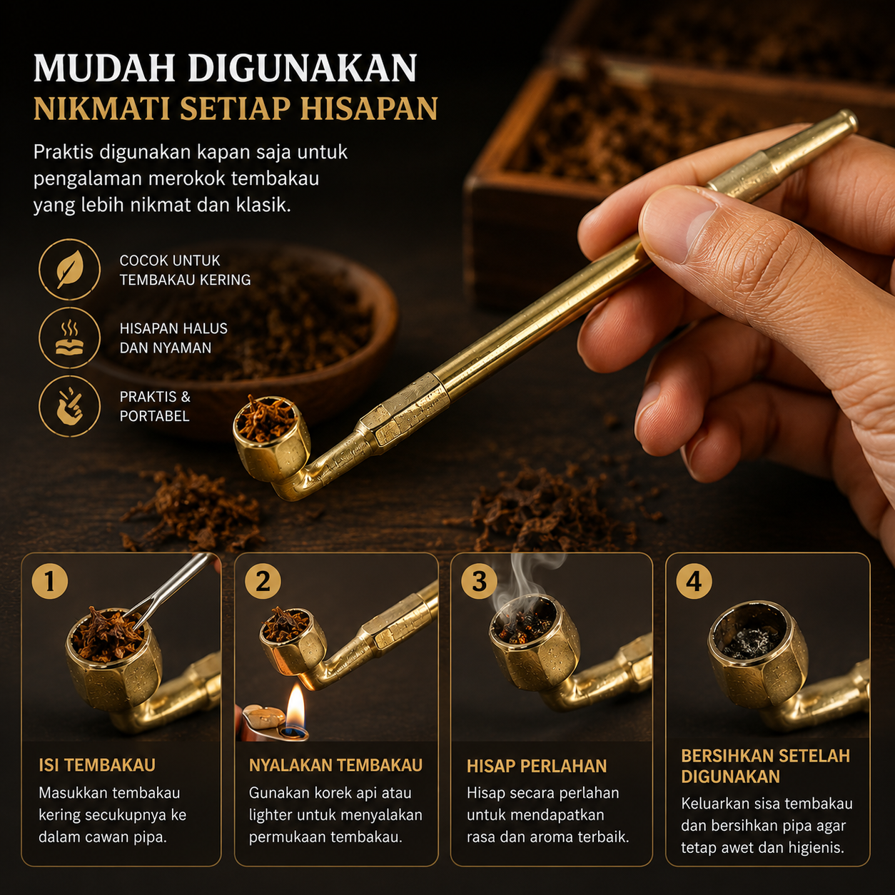HINRYO Pipa Rokok Tembakau Kuningan Brass Smoking Pipe - TB2 Gambar produk HINRYO Pipa Rokok Tembakau Kuningan Brass Smoking Pipe - TB2 - 3