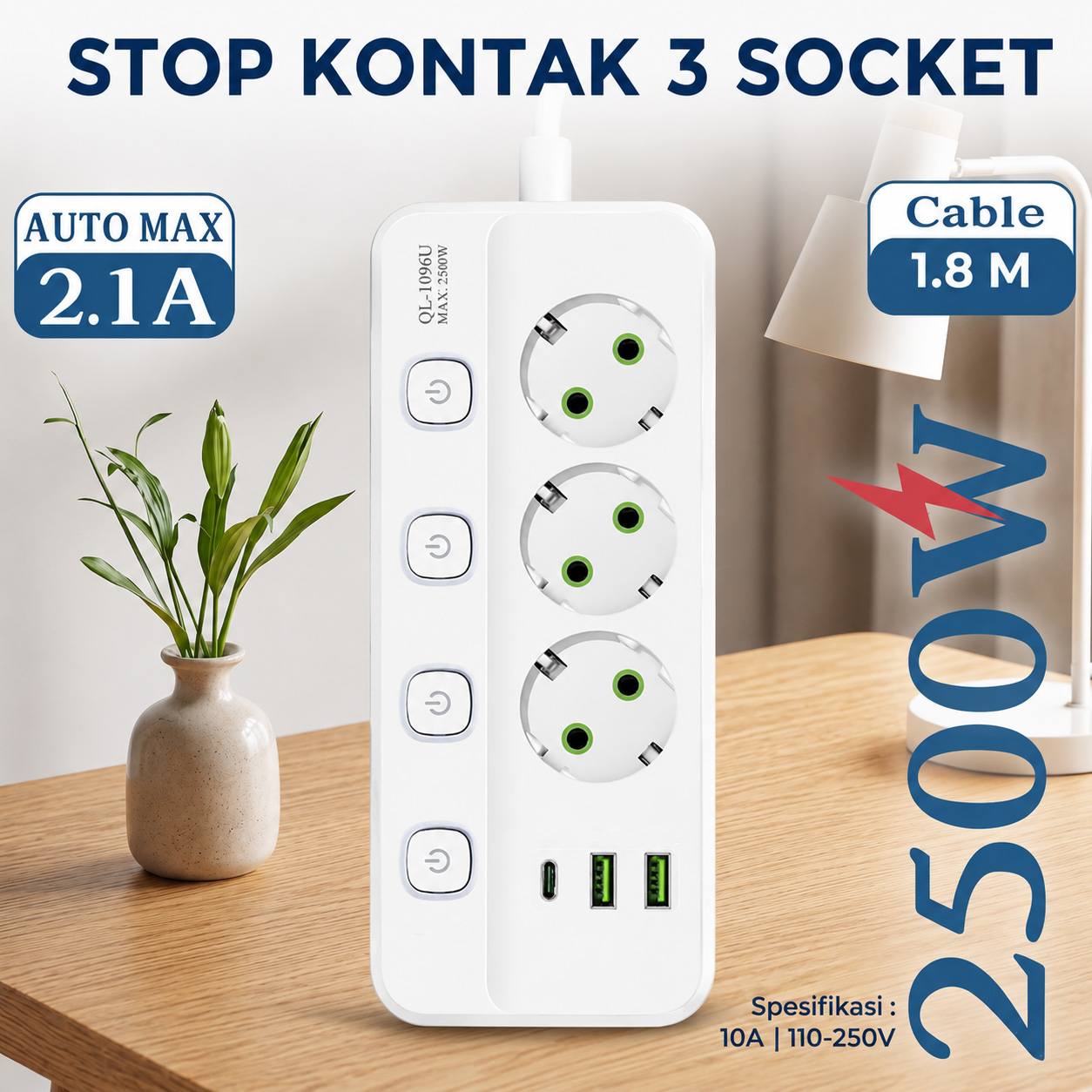QIAOLIAN Stop Kontak Kabel USB Type C 10A 110-250V 2500W 1.8M 3 Lubang - QL-1096U Gambar produk QIAOLIAN Stop Kontak Kabel USB Type C 10A 110-250V 2500W 1.8M 3 Lubang - QL-1096U - Utama