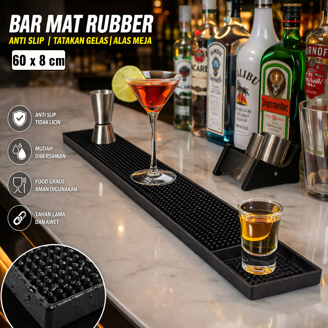 One Two Cups Bar Mat Rubber Anti Slip Tatakan Gelas Alas Meja 60x8cm - TY3 Gambar produk One Two Cups Bar Mat Rubber Anti Slip Tatakan Gelas Alas Meja 60x8cm - TY3 - Utama