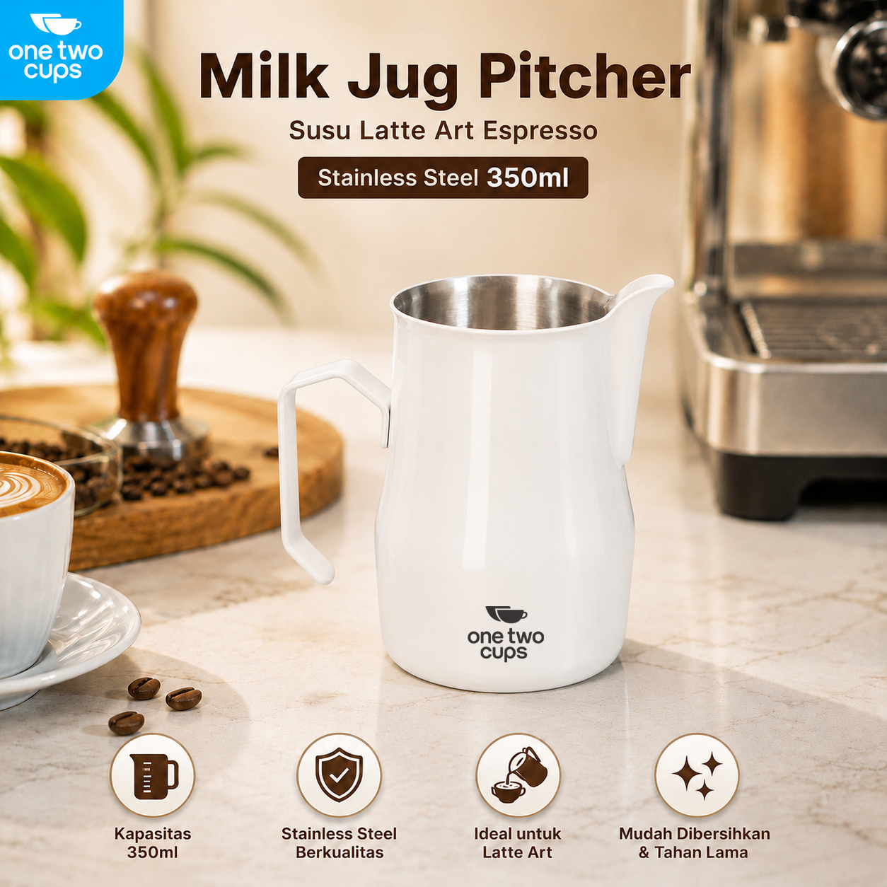 One Two Cups Milk Jug Pitcher Susu Latte Art Espresso Stainless Steel 350ml - AA050 Gambar produk One Two Cups Milk Jug Pitcher Susu Latte Art Espresso Stainless Steel 350ml - AA050 - Utama