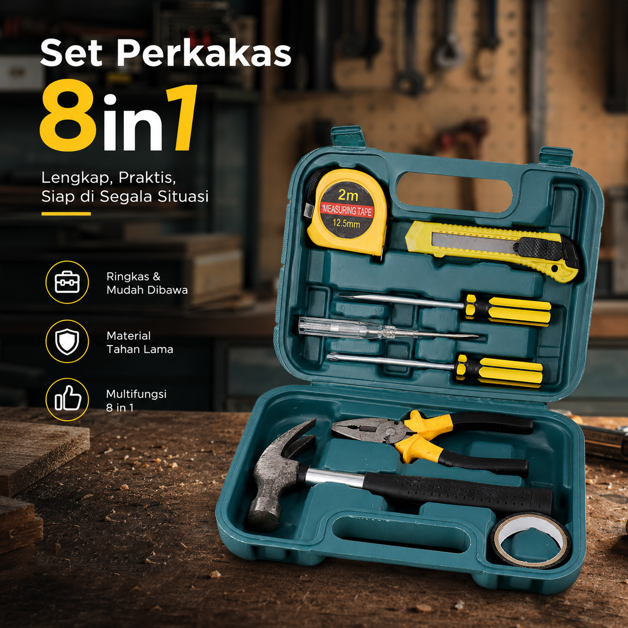 OnnFang Alat Set Perkakas Palu Tang Obeng Cutter Meteran 8in1 - YL-8009A Gambar produk OnnFang Alat Set Perkakas Palu Tang Obeng Cutter Meteran 8in1 - YL-8009A - Utama