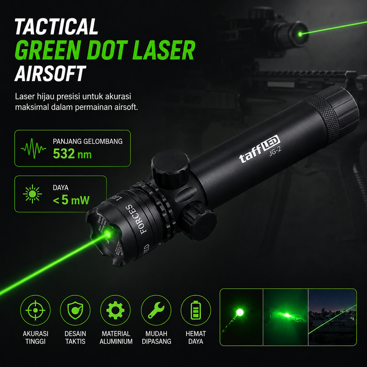 TaffLED Tactical Green Dot Laser Airsoft with Mount Baterai Charger - JG-2 Gambar produk TaffLED Tactical Green Dot Laser Airsoft with Mount Baterai Charger - JG-2 - 4