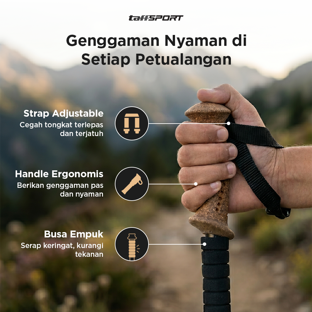 TaffSPORT Tongkat Hiking Telescopic Trekking Pole Antishock 135cm - 7075 Gambar produk TaffSPORT Tongkat Hiking Telescopic Trekking Pole Antishock 135cm - 7075 - 4